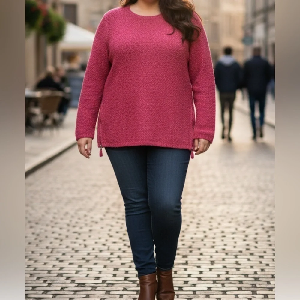 Talbots Textured Sweater Size 2XP Petite Pink Zipper Hem Chunky Knit Pullover